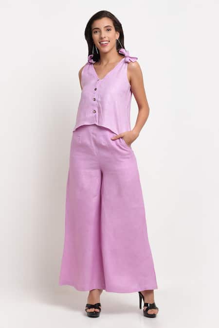 Ewoke_Purple Hemp V-neck V Top And Flared Pant Set _Online_at_Aza_Fashions