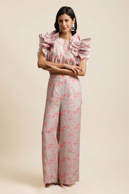 Ewoke_Grey Hemp Embroidery Open Neck Ruffle Printed Top And Pant Set _Online_at_Aza_Fashions