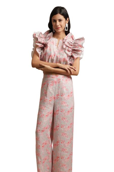 Buy_Ewoke_Grey Hemp Embroidery Open Neck Ruffle Printed Top And Pant Set _Online_at_Aza_Fashions