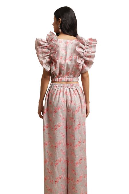 Shop_Ewoke_Grey Hemp Embroidery Open Neck Ruffle Printed Top And Pant Set _Online_at_Aza_Fashions