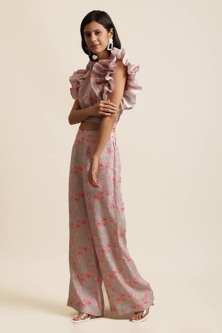 Ewoke_Grey Hemp Embroidery Open Neck Ruffle Printed Top And Pant Set _at_Aza_Fashions