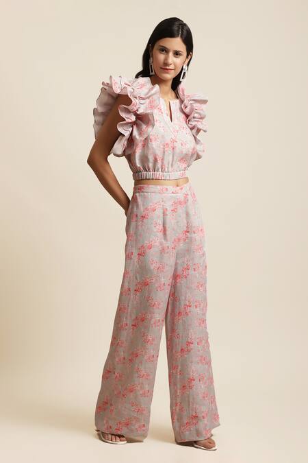 Buy_Ewoke_Grey Hemp Embroidery Open Neck Ruffle Printed Top And Pant Set 