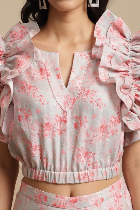 Shop_Ewoke_Grey Hemp Embroidery Open Neck Ruffle Printed Top And Pant Set 