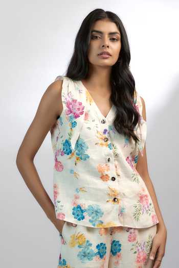 Buy Ewoke White Hemp Embroidery V-neck Botanical Print Shirt And Pant Set Online at Aza Fashions Buy_Ewoke_White Hemp Embroidery V-neck Botanical Print Shirt And Pant Set _Online_at_Aza_Fashions