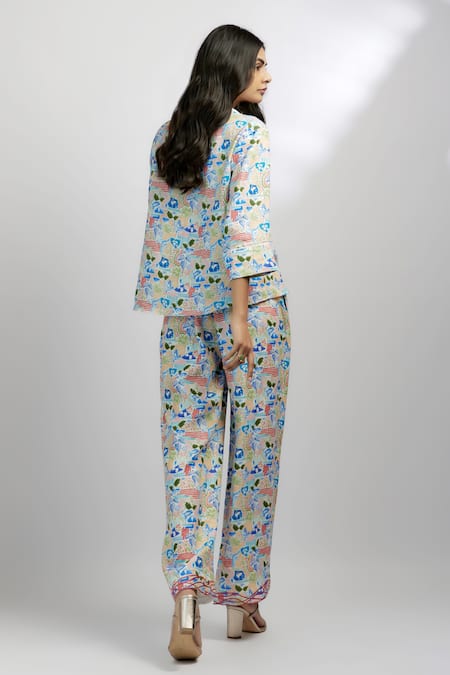 Ewoke White Hemp Collared Swan Print Boxy Top And Pant Set Online at Aza Fashions Ewoke_White Hemp Collared Swan Print Boxy Top And Pant Set _Online_at_Aza_Fashions