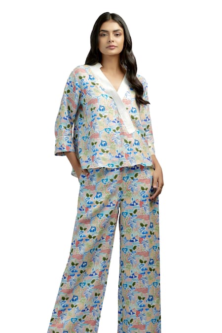 Shop Ewoke White Hemp Collared Swan Print Boxy Top And Pant Set Online at Aza Fashions Shop_Ewoke_White Hemp Collared Swan Print Boxy Top And Pant Set _Online_at_Aza_Fashions