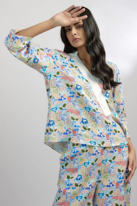 Buy Ewoke White Hemp Collared Swan Print Boxy Top And Pant Set Buy_Ewoke_White Hemp Collared Swan Print Boxy Top And Pant Set