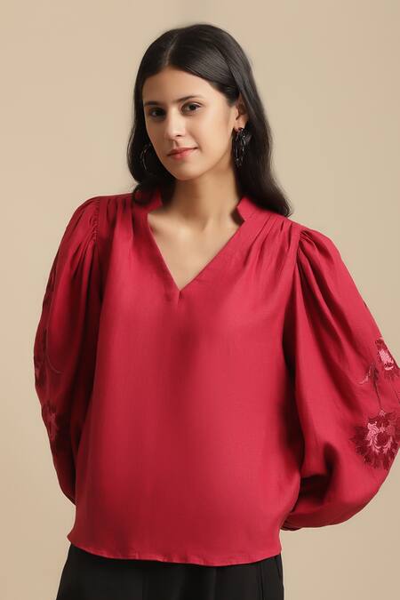 Buy_Ewoke_Red Hemp Embroidery Collared Sleeve Top _Online_at_Aza_Fashions