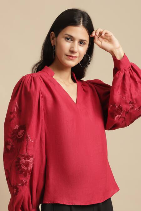 Shop_Ewoke_Red Hemp Embroidery Collared Sleeve Top _Online_at_Aza_Fashions