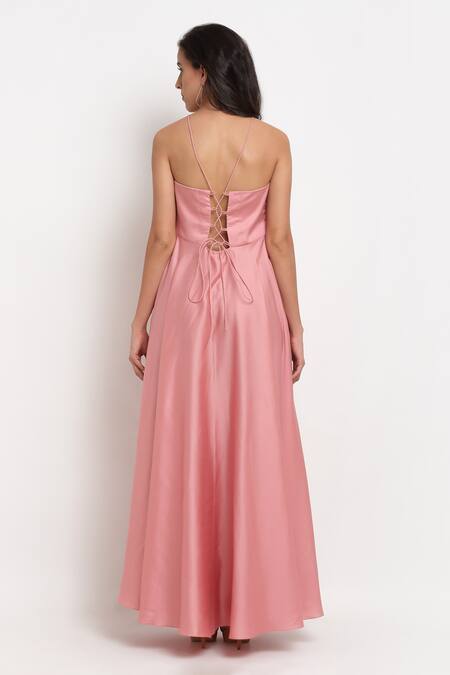 Shop_EWOKE_Pink Tencel Plain Square Neck Solid Ruched Dress _at_Aza_Fashions