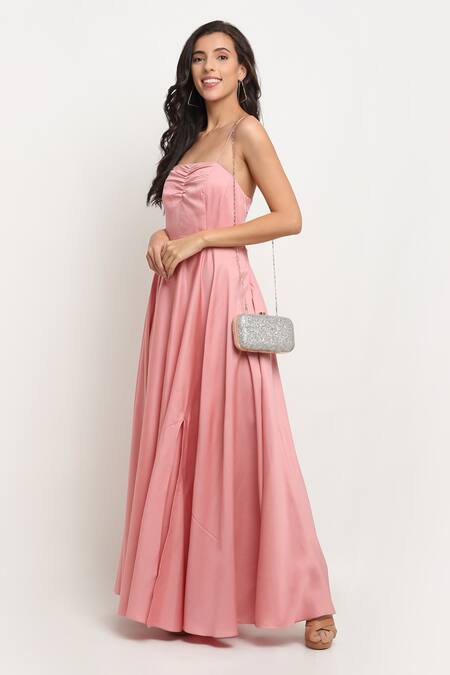 EWOKE_Pink Tencel Plain Square Neck Solid Ruched Dress _Online_at_Aza_Fashions