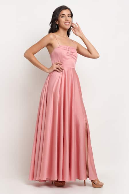 Buy_EWOKE_Pink Tencel Plain Square Neck Solid Ruched Dress _Online_at_Aza_Fashions