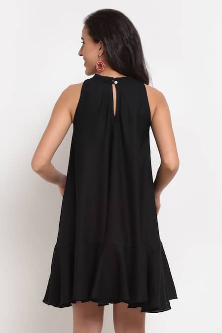 Shop Ewoke Black Tencel Round Neck Ruffle Pleated Dress at Aza Fashions Shop_Ewoke_Black Tencel Round Neck Ruffle Pleated Dress _at_Aza_Fashions