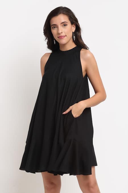 Ewoke Black Tencel Round Neck Ruffle Pleated Dress Online at Aza Fashions Ewoke_Black Tencel Round Neck Ruffle Pleated Dress _Online_at_Aza_Fashions