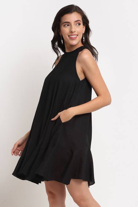 Buy Ewoke Black Tencel Round Neck Ruffle Pleated Dress Online at Aza Fashions Buy_Ewoke_Black Tencel Round Neck Ruffle Pleated Dress _Online_at_Aza_Fashions