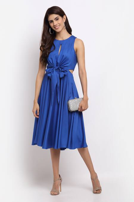Ewoke_Blue Tencel Plain Round Solid Front Knotted Dress_Online_at_Aza_Fashions