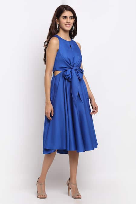 Buy_Ewoke_Blue Tencel Plain Round Solid Front Knotted Dress_Online_at_Aza_Fashions
