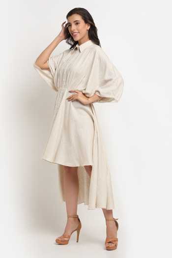 Ewoke_Off White Tencel Collared Textured Shirt Dress _Online_at_Aza_Fashions