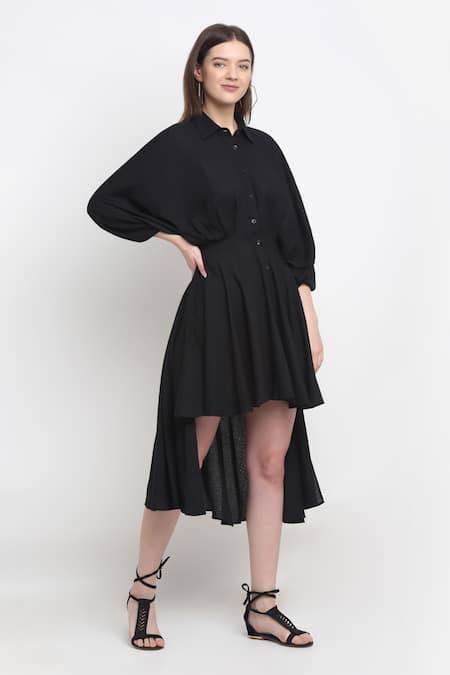 Ewoke_Black Tencel Collared Asymmetric Shirt Dress _Online_at_Aza_Fashions
