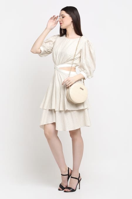 Ewoke Ivory Tencel Round Neck Belinda Textured Pattern Dress