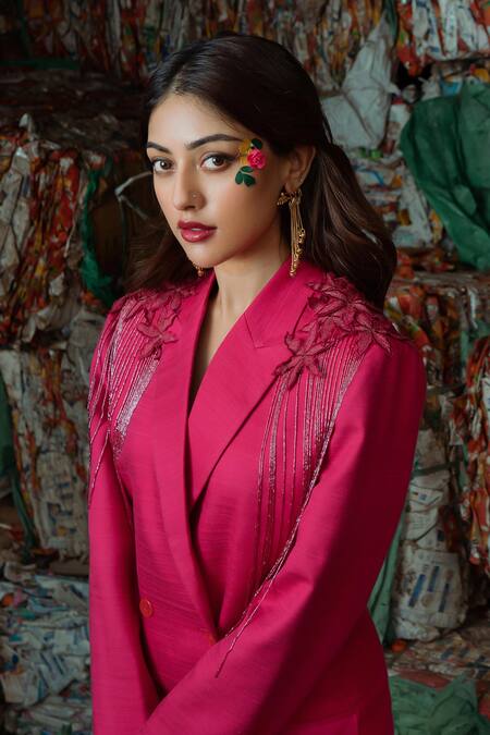 Shop_Ewoke_Purple Tencel Embroidery Collared 3d Floral Embellished Jacket _Online_at_Aza_Fashions