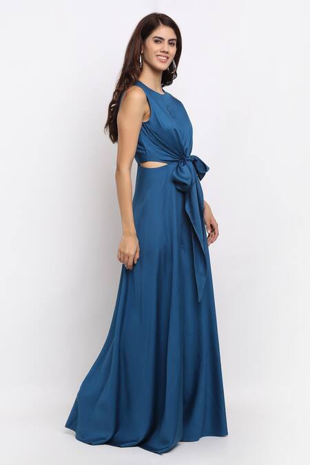 Ewoke_Blue Tencel Round Neck Behave Front Knotted Dress _Online_at_Aza_Fashions