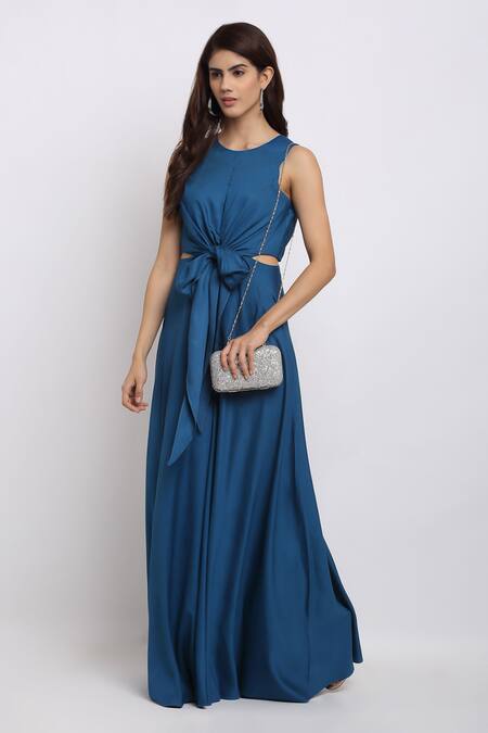 Shop_Ewoke_Blue Tencel Round Neck Behave Front Knotted Dress _Online_at_Aza_Fashions
