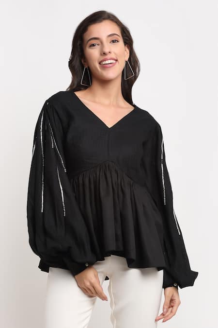 Ewoke_Black Tencel Crystals, Beads V-neck Glass Sleeve Embroidered Top _Online_at_Aza_Fashions