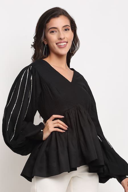 Buy_Ewoke_Black Tencel Crystals, Beads V-neck Glass Sleeve Embroidered Top _Online_at_Aza_Fashions