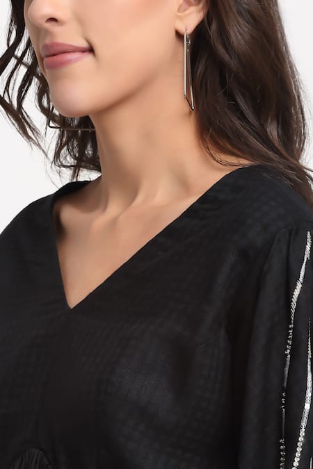 Shop_Ewoke_Black Tencel Crystals, Beads V-neck Glass Sleeve Embroidered Top _Online_at_Aza_Fashions