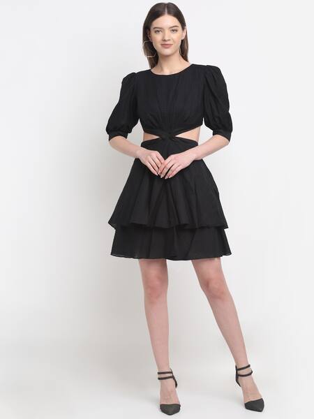 Ewoke_Black Tencel Round Neck Belinda Tiered Dress _Online_at_Aza_Fashions