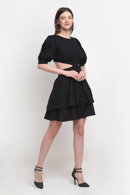 Ewoke_Black Tencel Round Neck Belinda Tiered Dress _at_Aza_Fashions