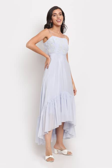 Ewoke_Blue Crepe Embroidery Square Neck Hand Ruffle Dress _Online_at_Aza_Fashions