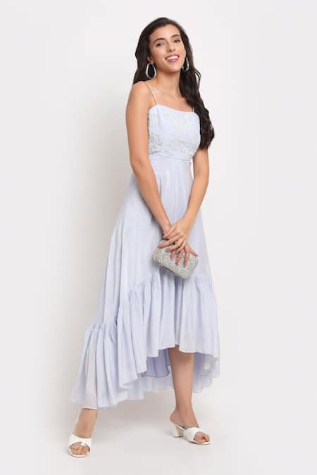 Shop_Ewoke_Blue Crepe Embroidery Square Neck Hand Ruffle Dress _Online_at_Aza_Fashions