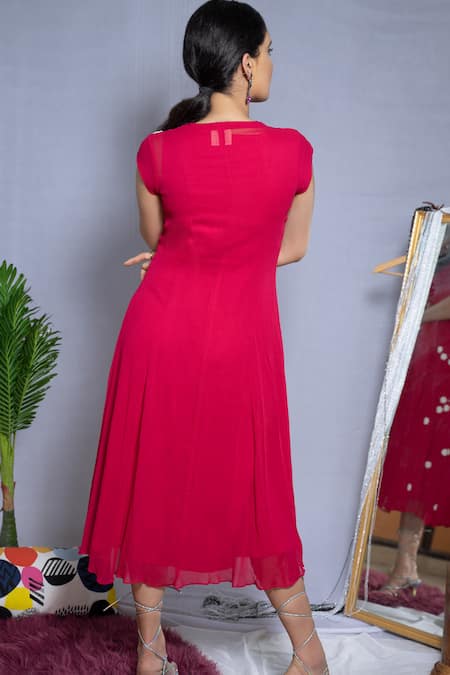 Shop_Ewoke_Red Pearls V-neck Embroidered Knot Dress _at_Aza_Fashions