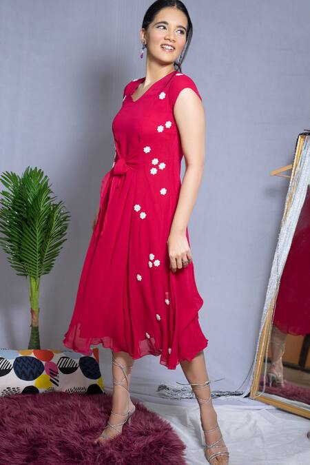 Ewoke_Red Pearls V-neck Embroidered Knot Dress _Online_at_Aza_Fashions