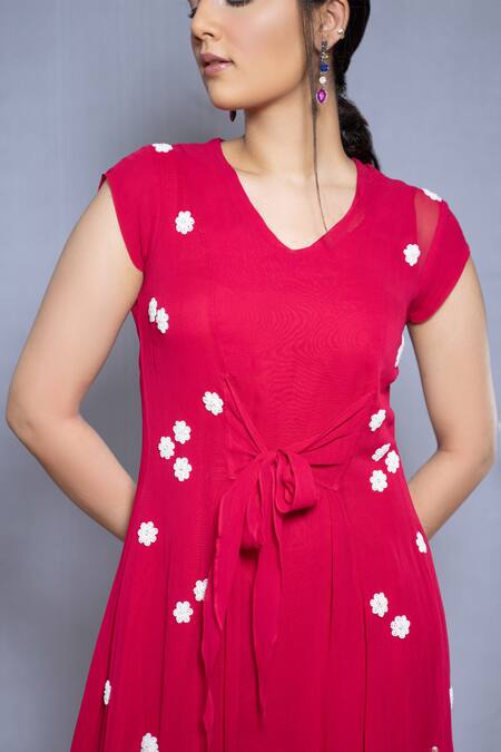 Buy_Ewoke_Red Pearls V-neck Embroidered Knot Dress _Online_at_Aza_Fashions
