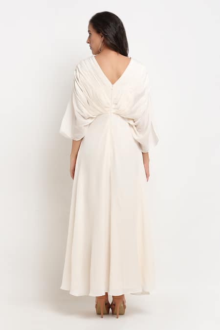 Shop_Ewoke_White Crepe Beads, Pearls V-neck Hand Embroidered Draped Gown _at_Aza_Fashions