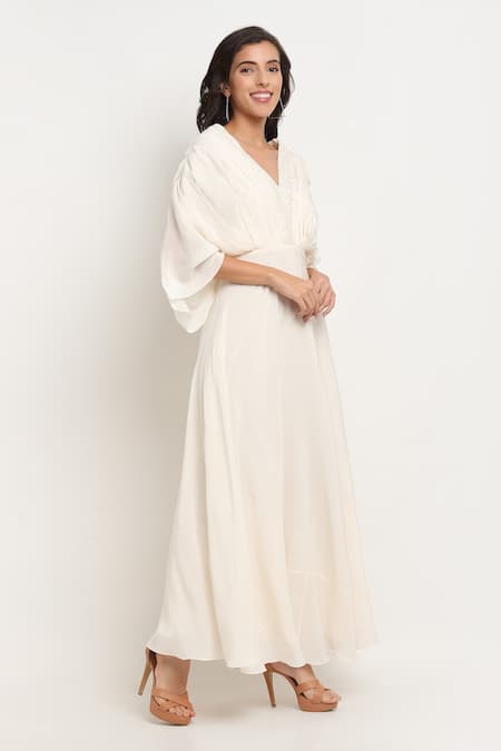 Ewoke_White Crepe Beads, Pearls V-neck Hand Embroidered Draped Gown _Online_at_Aza_Fashions