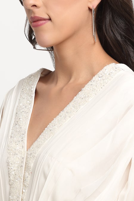 Buy_Ewoke_White Crepe Beads, Pearls V-neck Hand Embroidered Draped Gown _Online_at_Aza_Fashions