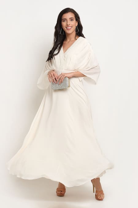 Shop_Ewoke_White Crepe Beads, Pearls V-neck Hand Embroidered Draped Gown _Online_at_Aza_Fashions