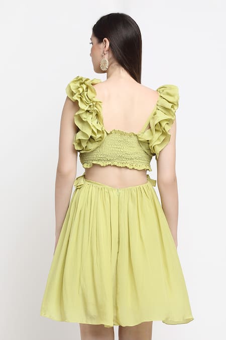Shop Ewoke Yellow Crepe Ruffles Sweetheart Neck Lui Front Knot Dress at Aza Fashions Shop_Ewoke_Yellow Crepe Ruffles Sweetheart Neck Lui Front Knot Dress _at_Aza_Fashions