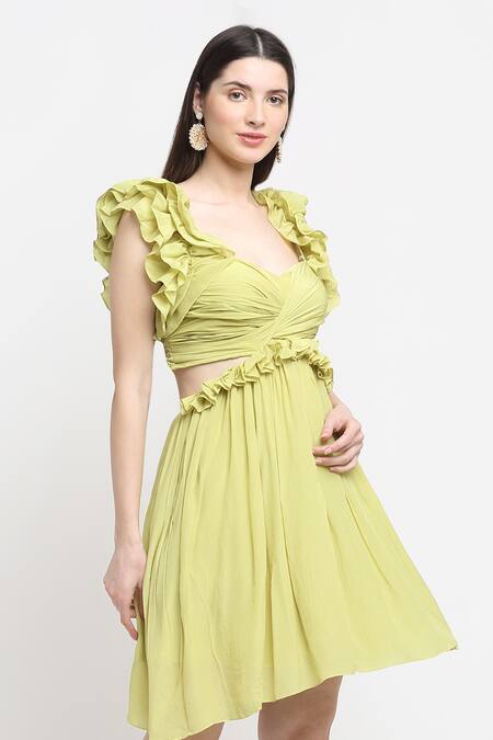 Buy Ewoke Yellow Crepe Ruffles Sweetheart Neck Lui Front Knot Dress Online at Aza Fashions Buy_Ewoke_Yellow Crepe Ruffles Sweetheart Neck Lui Front Knot Dress _Online_at_Aza_Fashions