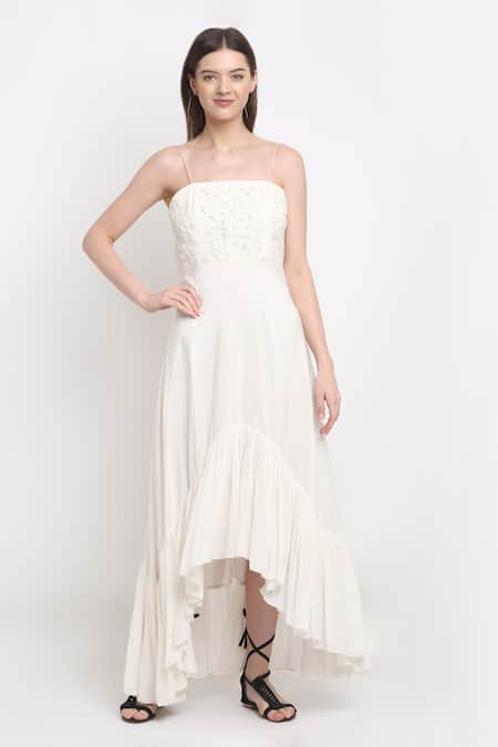 EWOKE Ivory Crepe Hand Embroidered Floral Square Asymmetric Dress 