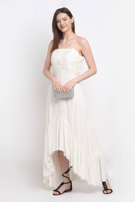 Ewoke_Ivory Crepe Embroidery Square Neck Hand Asymmetric Dress _Online_at_Aza_Fashions