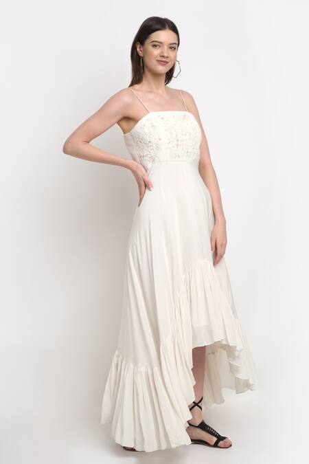 Shop_Ewoke_Ivory Crepe Embroidery Square Neck Hand Asymmetric Dress _Online_at_Aza_Fashions