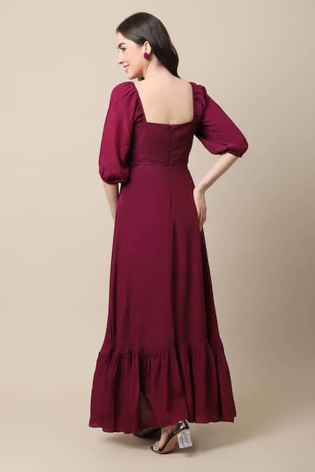 Shop_Ewoke_Wine Crepe Crystals, Glitter, Beads Hand Embroidered Asymmetric Ruffle Dress _at_Aza_Fashions