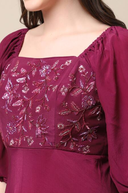 Buy_Ewoke_Wine Crepe Crystals, Glitter, Beads Hand Embroidered Asymmetric Ruffle Dress _Online_at_Aza_Fashions