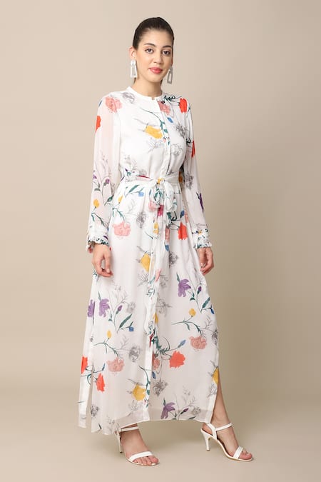 Ewoke_White Chiffon Bandeau Neck Carmen Floral Print Shirt Dress _Online_at_Aza_Fashions