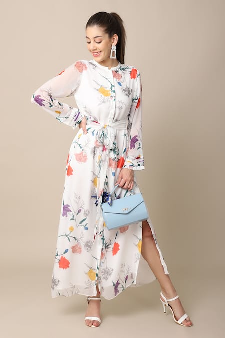 Buy_Ewoke_White Chiffon Bandeau Neck Carmen Floral Print Shirt Dress _Online_at_Aza_Fashions